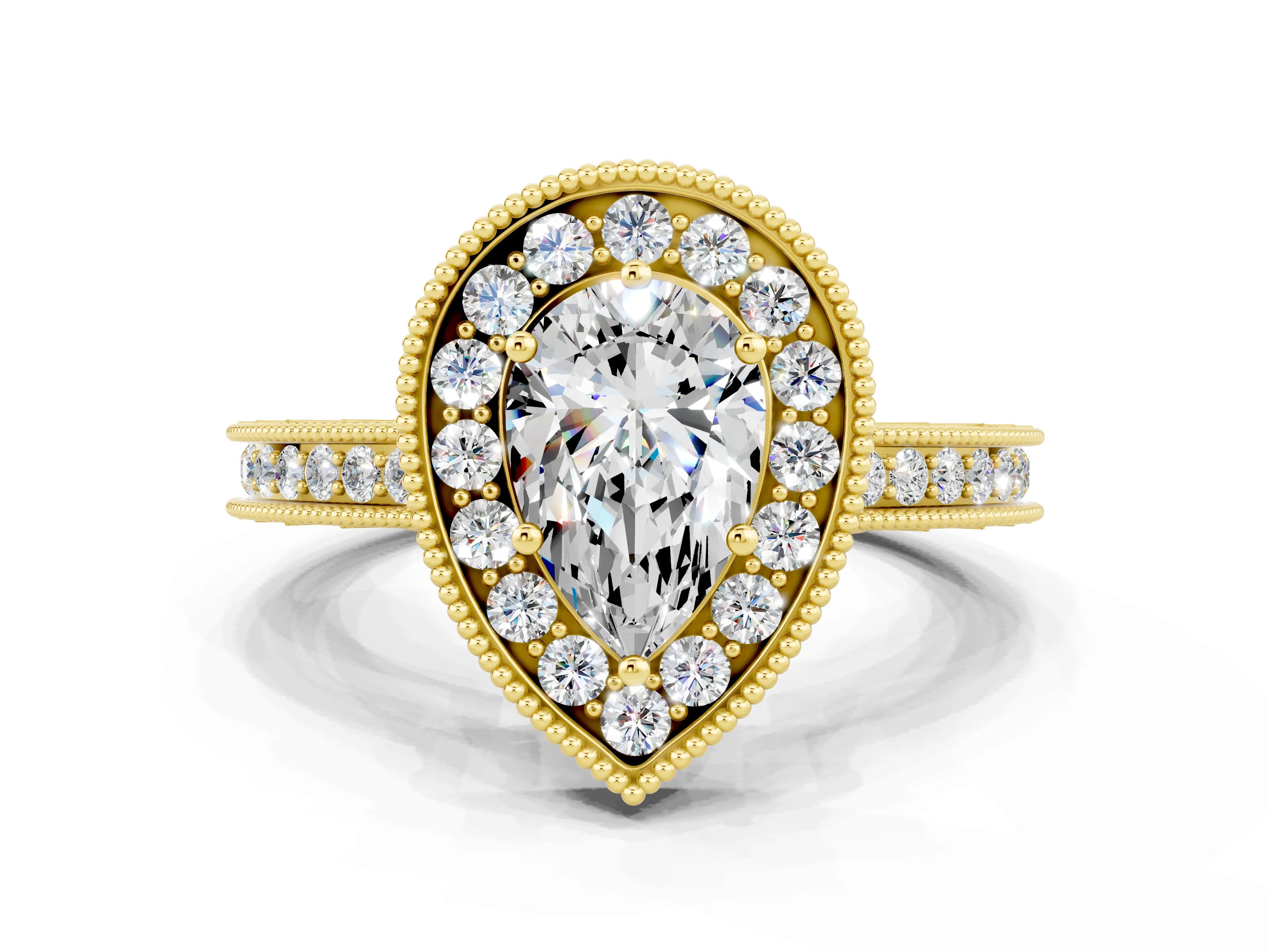 Yellow gold Pear Cut Halo Diamond Engagement Ring with Milgrain Pave Band and Four-Prong Setting