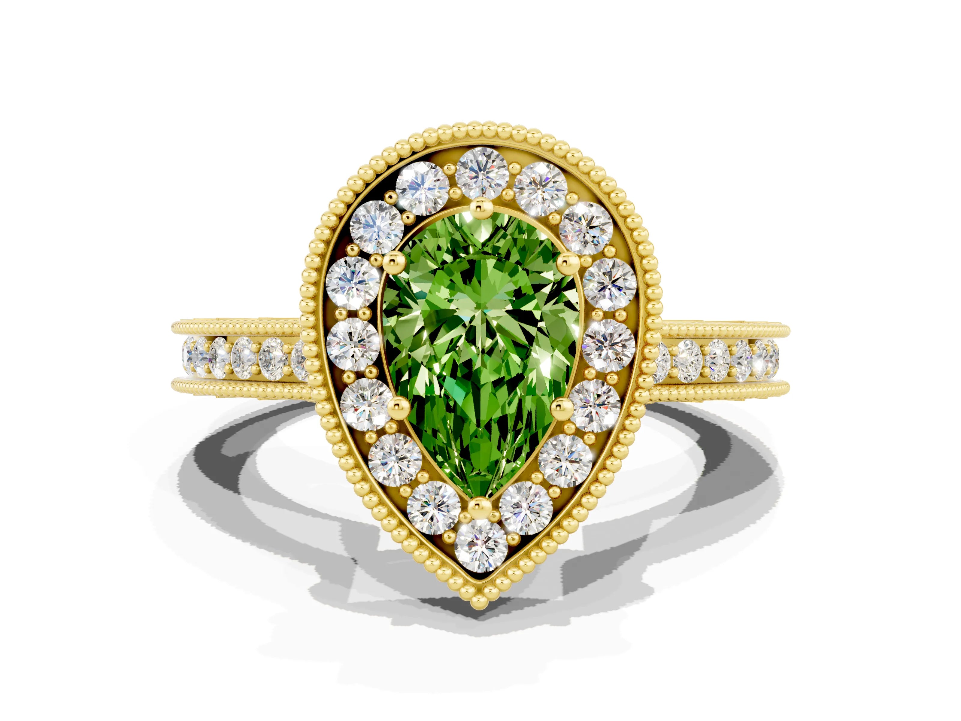 Yellow gold Pear Cut Halo Diamond Engagement Ring with Milgrain Pave Band and Four-Prong Setting