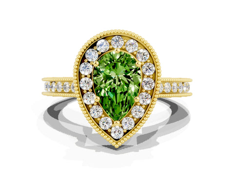 Yellow gold Pear Cut Halo Diamond Engagement Ring with Milgrain Pave Band and Four-Prong Setting