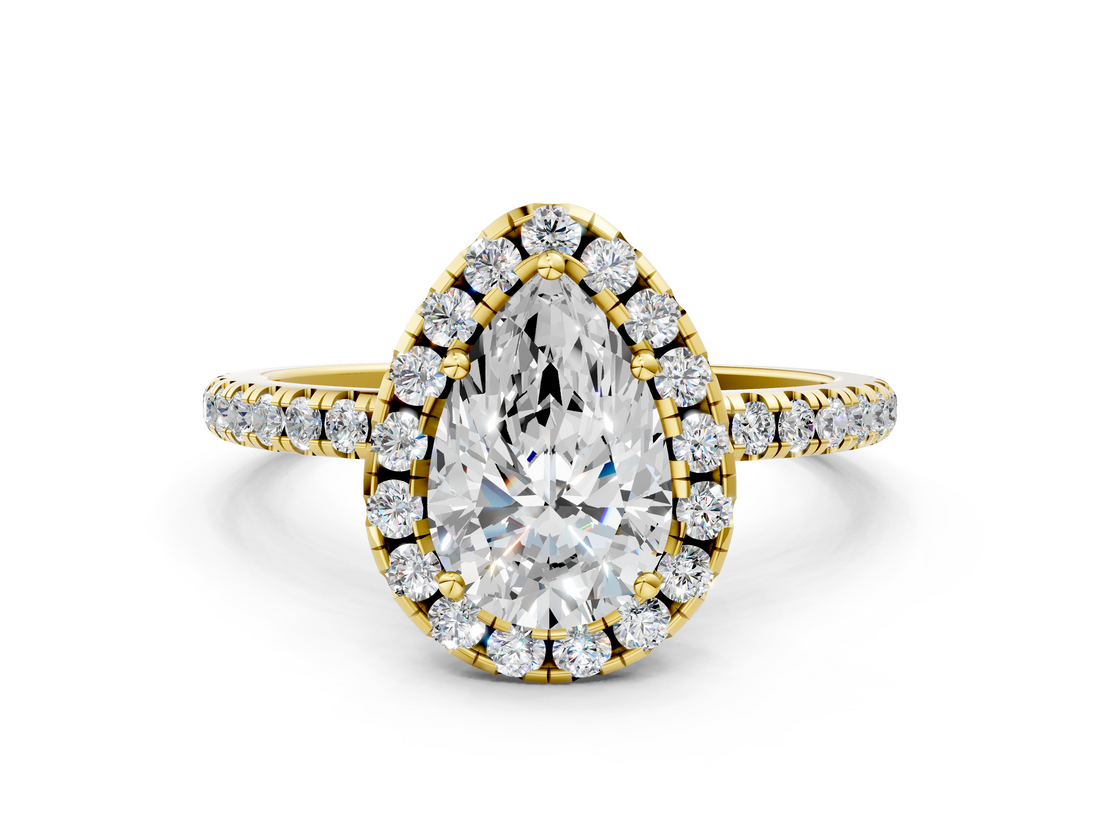 Yellow gold Pear Cut Halo Diamond Engagement Ring with Pave Band and Four-Prong Setting_20