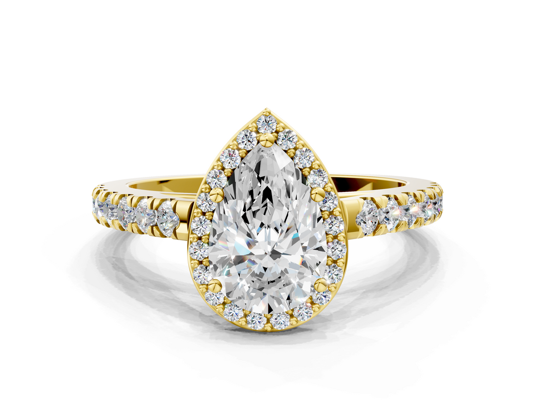 Yellow gold Pear Cut Halo Diamond Engagement Ring with Pave Band and Four-Prong Setting_40