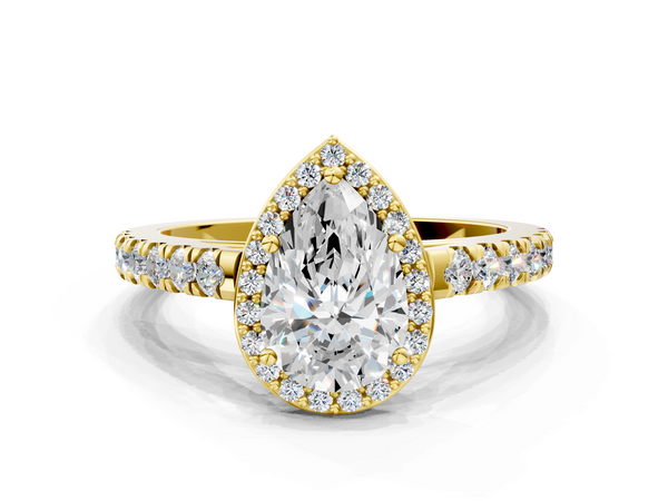 Yellow gold Pear Cut Halo Diamond Engagement Ring with Pave Band and Four-Prong Setting