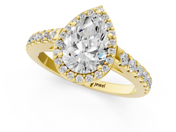 Yellow gold Pear Cut Halo Diamond Engagement Ring with Pave Band and Four-Prong Setting