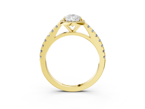 Yellow gold Pear Cut Halo Diamond Engagement Ring with Pave Band and Four-Prong Setting