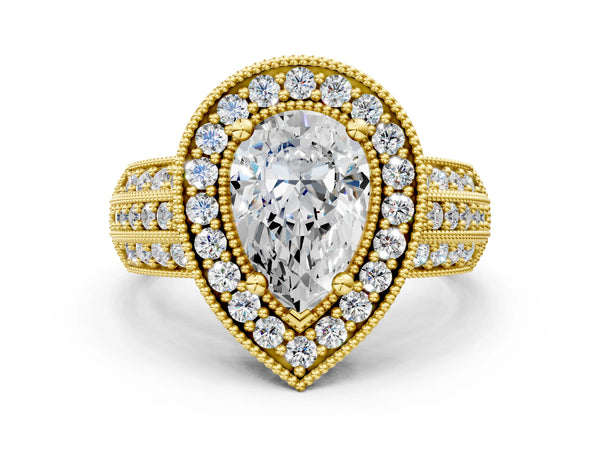 Yellow gold Pear Cut Halo Diamond Engagement Ring with Pave Split Shank and Four-Prong Setting
