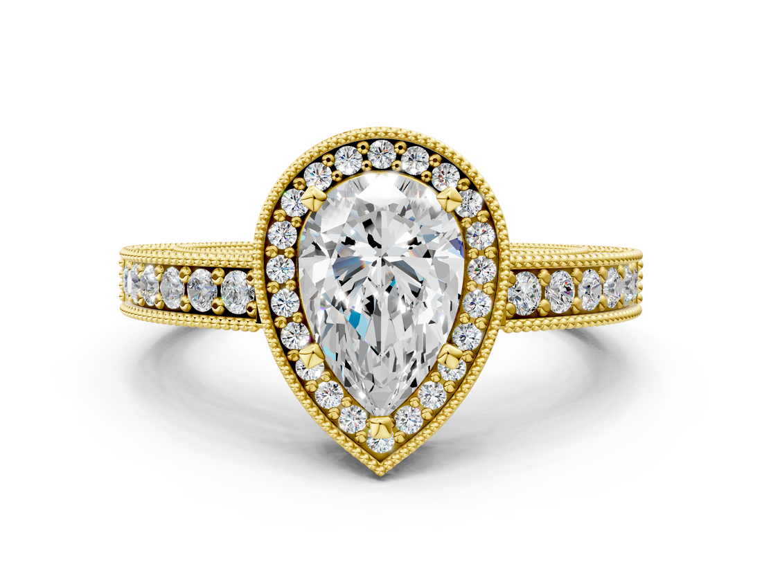 Yellow gold Pear Cut Halo Diamond Pave Band Ring with Four-Prong Setting_61