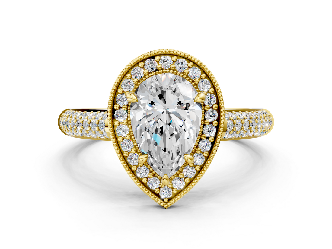 Yellow gold Pear Cut Halo Diamond Pave Band with Four-Prong Setting_49