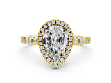 Yellow gold Pear Cut Halo Diamond Pave Band with Prong Setting