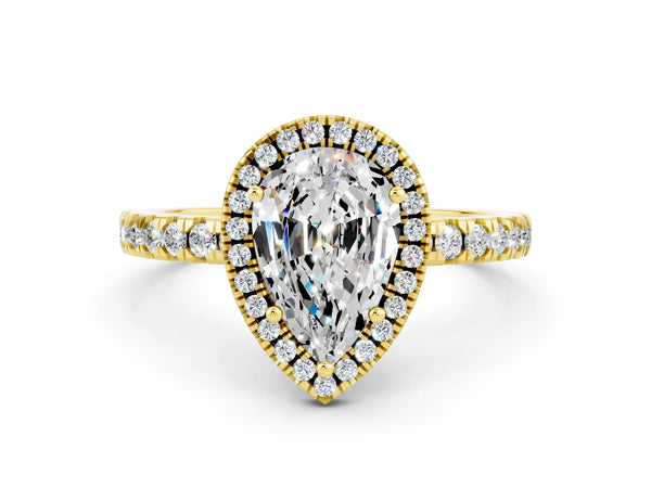 Yellow gold Pear Cut Moissanite Classic Halo Engagement Ring with Round Pavé Band and Prong Setting