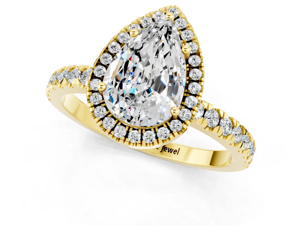 Yellow gold Pear Cut Moissanite Classic Halo Engagement Ring with Round Pavé Band and Prong Setting