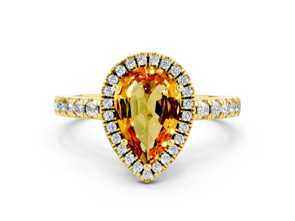 Yellow gold Pear Cut Citrine Classic Halo Engagement Ring with Round Pavé Band and Prong Setting