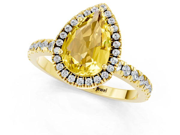 Yellow gold Pear Cut Yellow Sapphire Classic Halo Engagement Ring with Round Pavé Band and Prong Setting