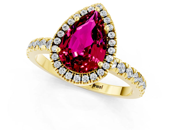 Yellow gold Pear Cut Garnet Classic Halo Engagement Ring with Round Pavé Band and Prong Setting