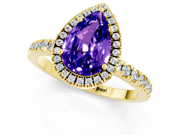 Yellow gold Pear Cut Tanzanite Classic Halo Engagement Ring with Round Pavé Band and Prong Setting