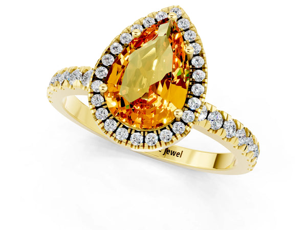 Yellow gold Pear Cut Citrine Classic Halo Engagement Ring with Round Pavé Band and Prong Setting