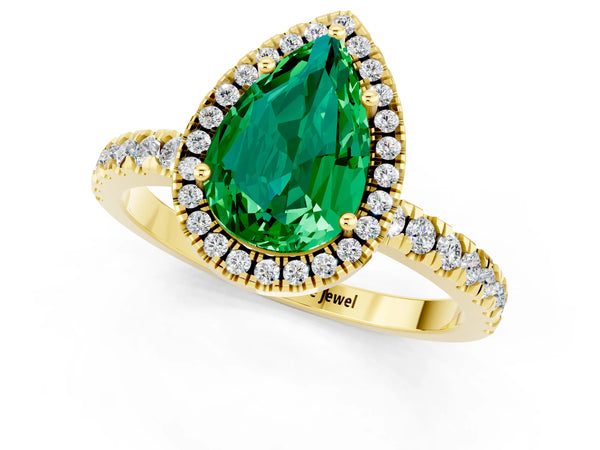 Yellow gold Pear Cut Emerald Classic Halo Engagement Ring with Round Pavé Band and Prong Setting