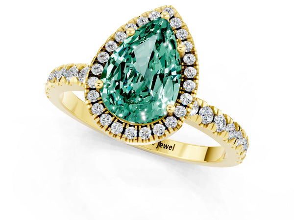 Yellow gold Pear Cut Green Sapphire Classic Halo Engagement Ring with Round Pavé Band and Prong Setting