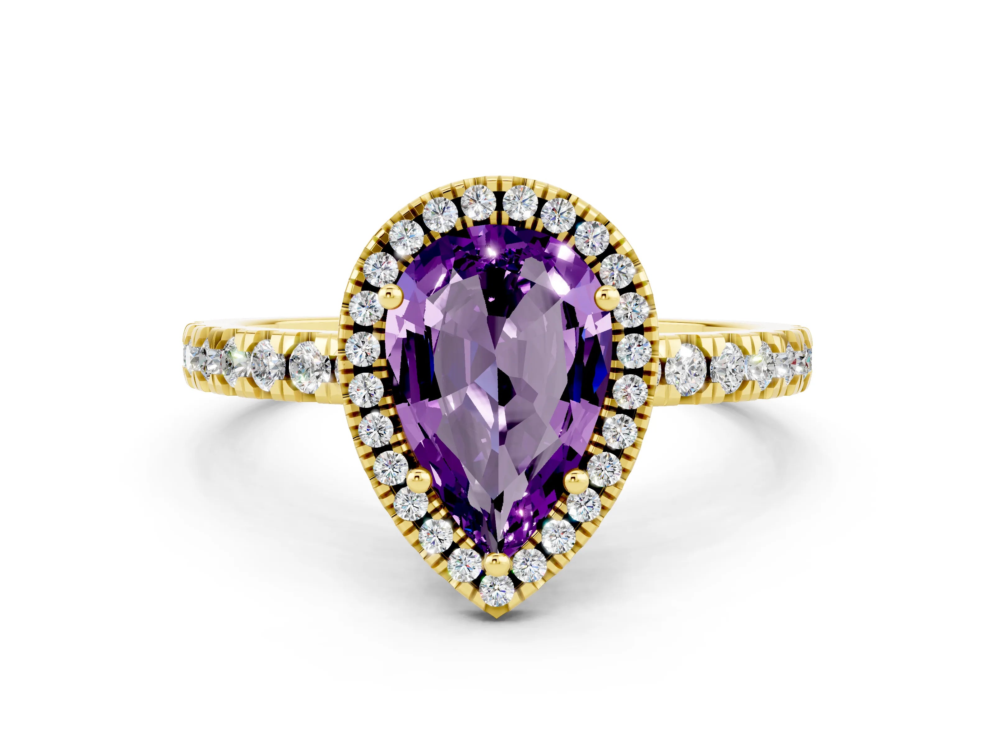 Yellow gold Pear Cut Halo Diamond Pave Band with Prong Setting