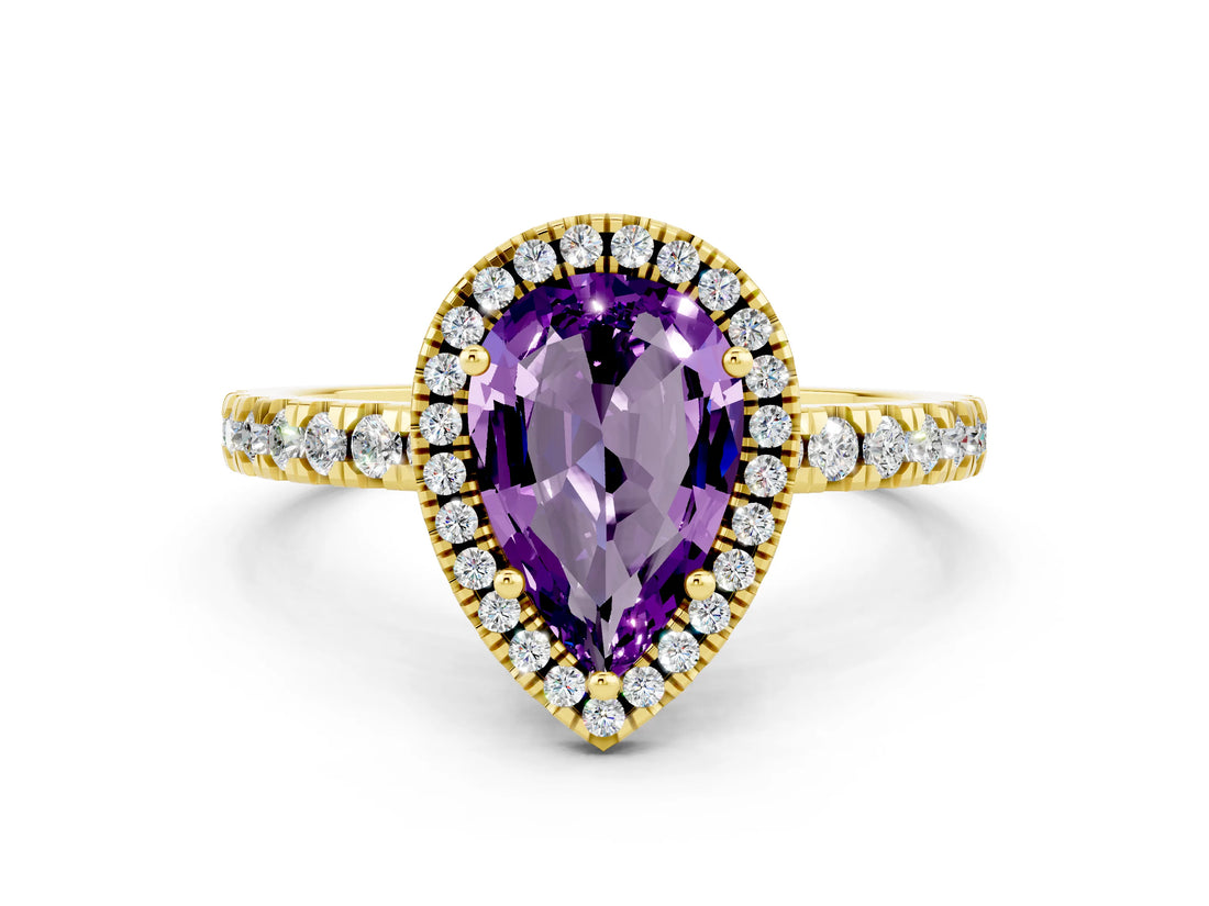 Yellow gold Pear Cut Halo Diamond Pave Band with Prong Setting