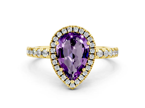 Yellow gold Pear Cut Halo Diamond Pave Band with Prong Setting
