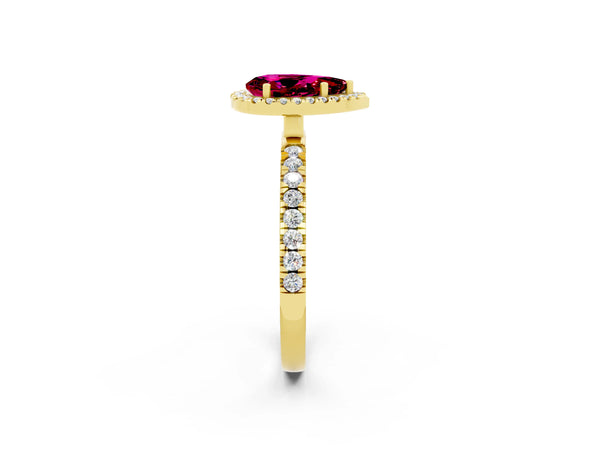 Yellow gold Pear Cut Garnet Classic Halo Engagement Ring with Round Pavé Band and Prong Setting