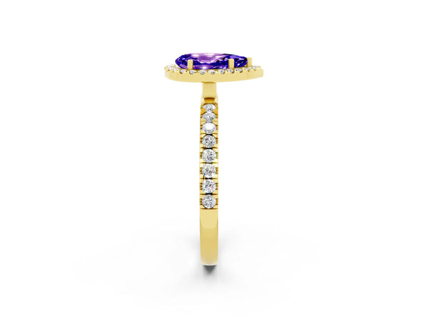 Yellow gold Pear Cut Tanzanite Classic Halo Engagement Ring with Round Pavé Band and Prong Setting