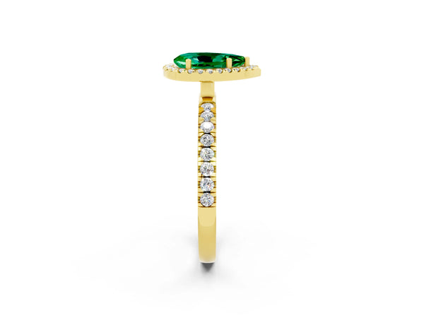 Yellow gold Pear Cut Emerald Classic Halo Engagement Ring with Round Pavé Band and Prong Setting