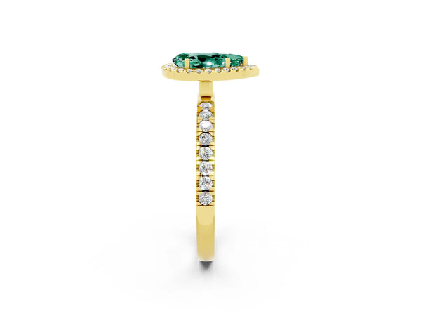 Yellow gold Pear Cut Green Sapphire Classic Halo Engagement Ring with Round Pavé Band and Prong Setting