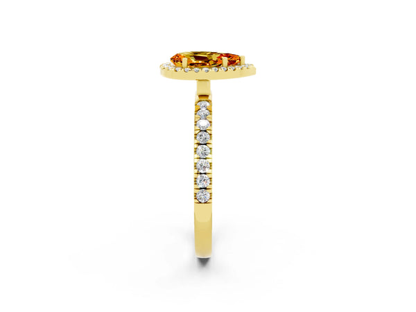 Yellow gold Pear Cut Citrine Classic Halo Engagement Ring with Round Pavé Band and Prong Setting