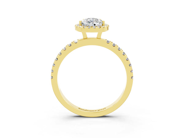 Yellow gold Pear Cut Moissanite Classic Halo Engagement Ring with Round Pavé Band and Prong Setting
