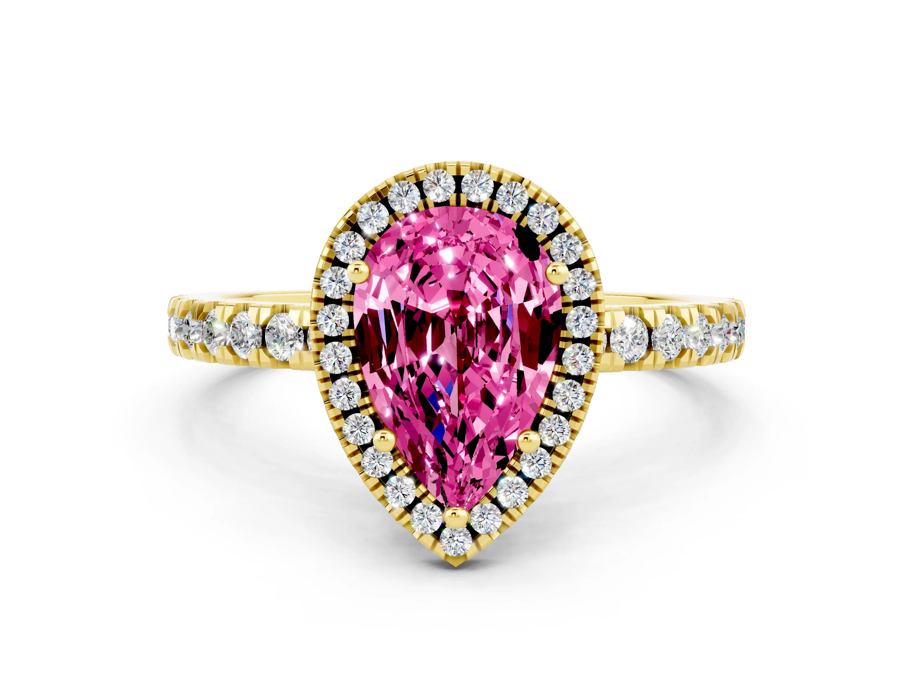 Yellow gold Pear Cut Halo Diamond Pave Band with Prong Setting