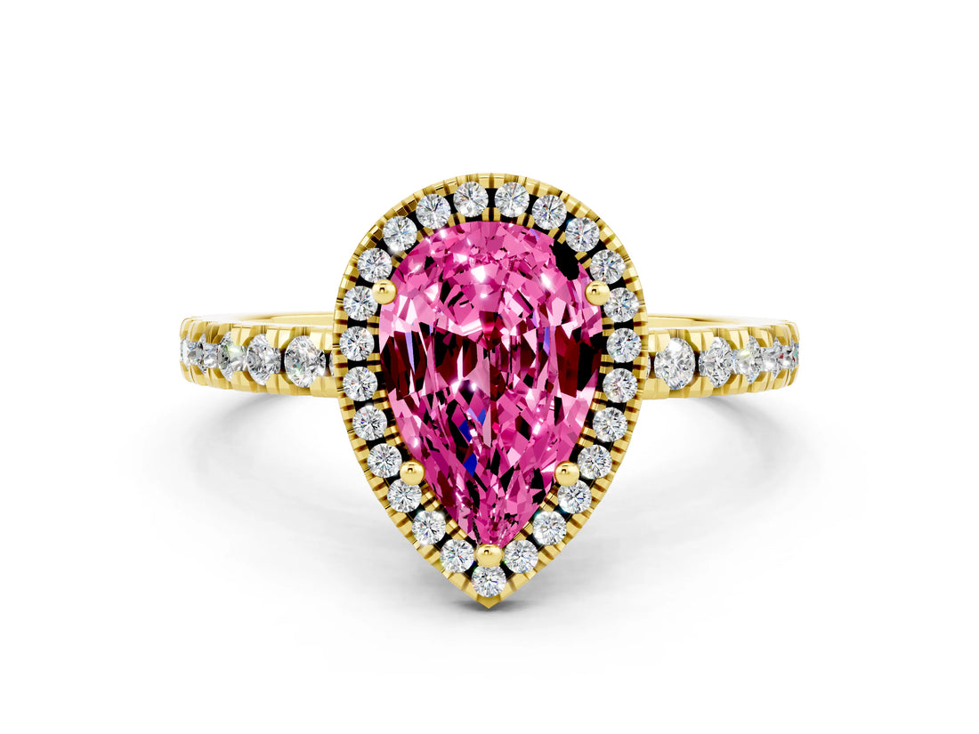 Yellow gold Pear Cut Halo Diamond Pave Band with Prong Setting