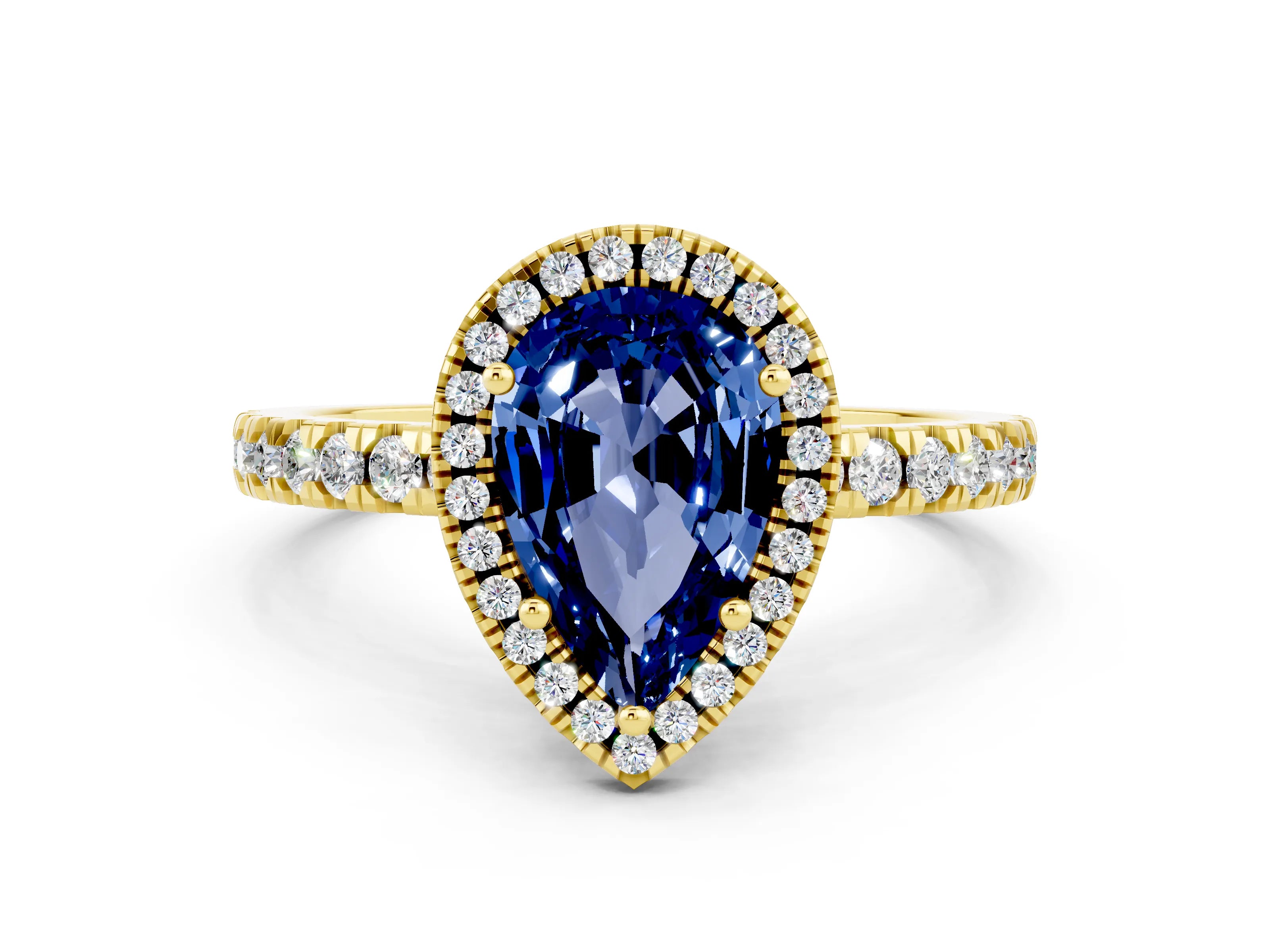 Yellow gold Pear Cut Halo Diamond Pave Band with Prong Setting