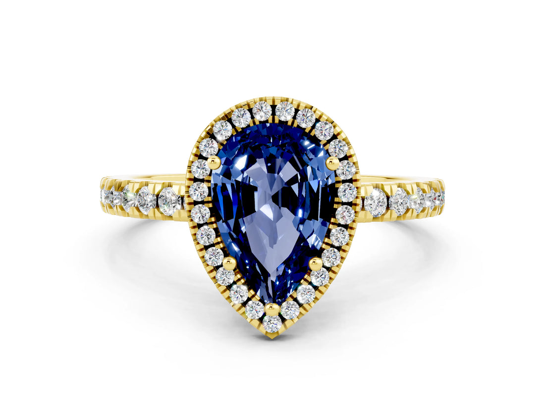 Yellow gold Pear Cut Halo Diamond Pave Band with Prong Setting