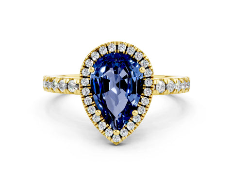Yellow gold Pear Cut Halo Diamond Pave Band with Prong Setting