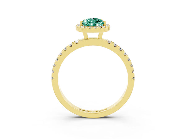Yellow gold Pear Cut Green Sapphire Classic Halo Engagement Ring with Round Pavé Band and Prong Setting