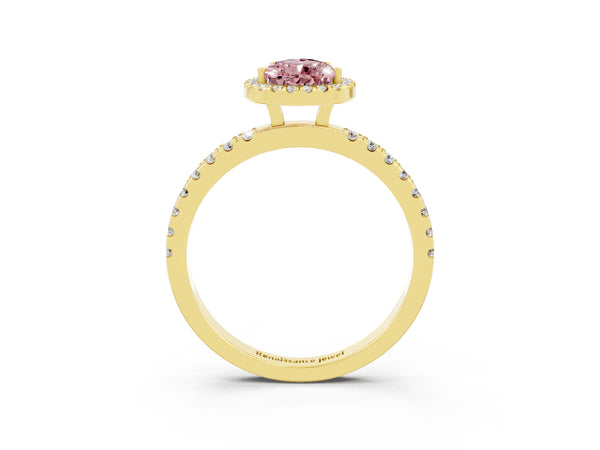 Yellow gold Pear Cut Halo Diamond Pave Band with Prong Setting