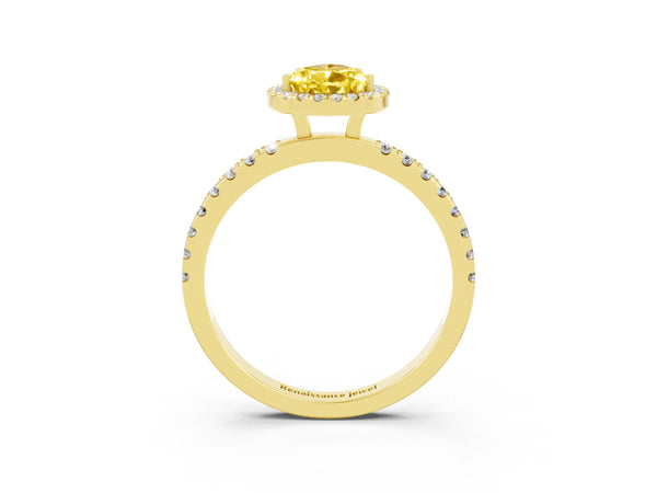 Yellow gold Pear Cut Yellow Sapphire Classic Halo Engagement Ring with Round Pavé Band and Prong Setting
