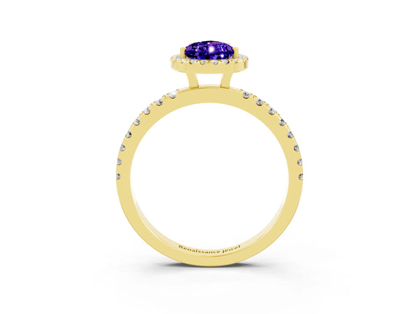 Yellow gold Pear Cut Tanzanite Classic Halo Engagement Ring with Round Pavé Band and Prong Setting
