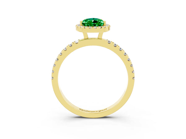 Yellow gold Pear Cut Emerald Classic Halo Engagement Ring with Round Pavé Band and Prong Setting