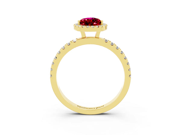 Yellow gold Pear Cut Garnet Classic Halo Engagement Ring with Round Pavé Band and Prong Setting