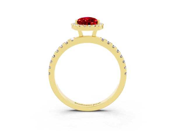 Yellow gold Pear Cut Halo Diamond Pave Band with Prong Setting