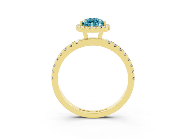 Yellow gold Pear Cut Halo Diamond Pave Band with Prong Setting