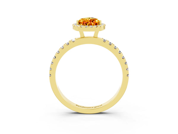 Yellow gold Pear Cut Citrine Classic Halo Engagement Ring with Round Pavé Band and Prong Setting