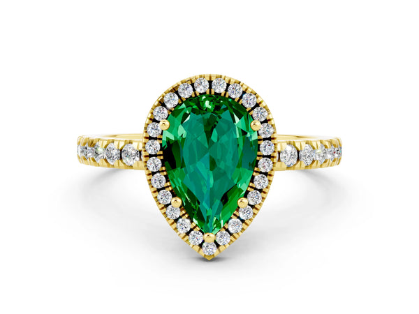 Yellow gold Pear Cut Emerald Classic Halo Engagement Ring with Round Pavé Band and Prong Setting