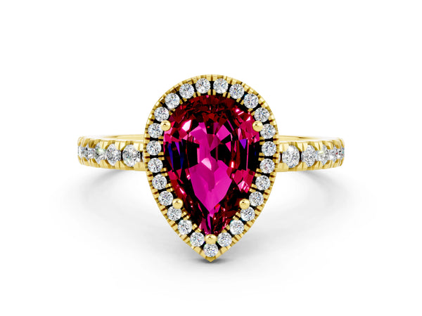Yellow gold Pear Cut Garnet Classic Halo Engagement Ring with Round Pavé Band and Prong Setting