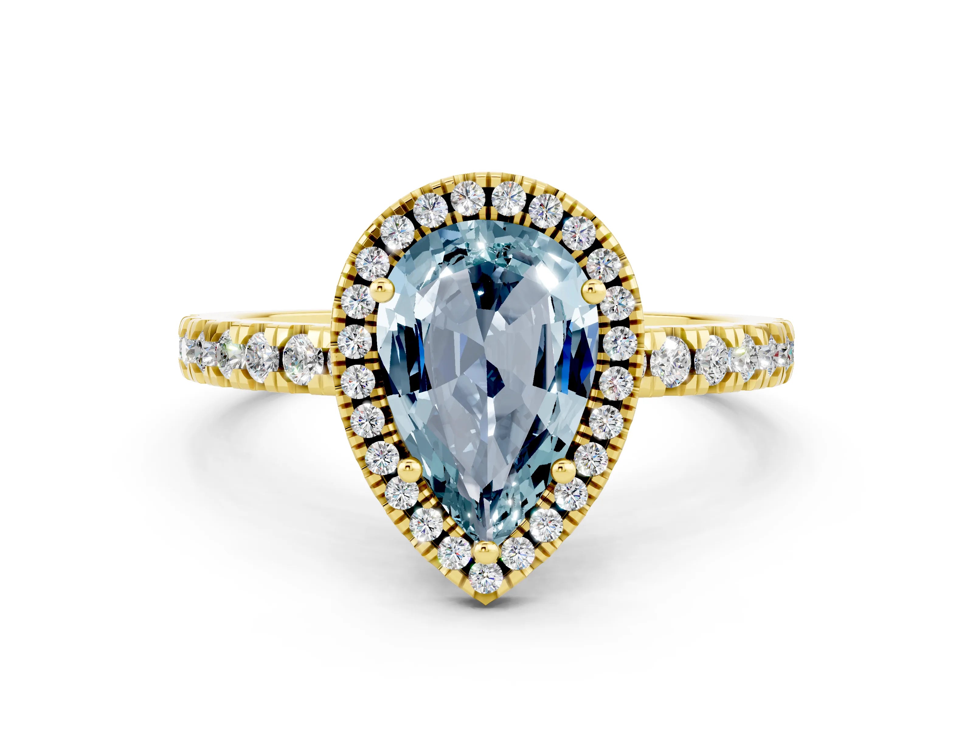 Yellow gold Pear Cut Halo Diamond Pave Band with Prong Setting