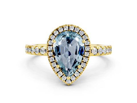 Yellow gold Pear Cut Halo Diamond Pave Band with Prong Setting