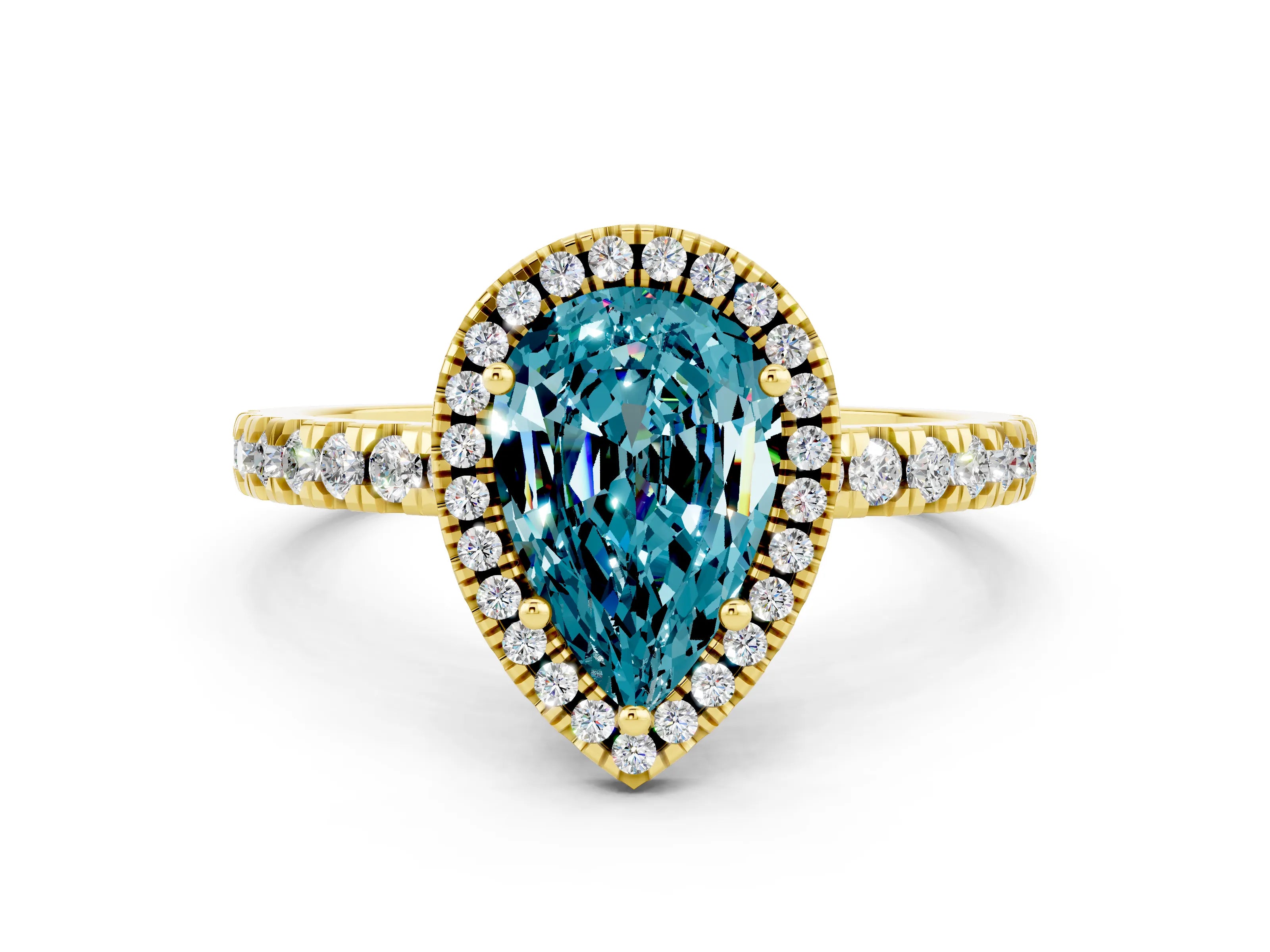 Yellow gold Pear Cut Halo Diamond Pave Band with Prong Setting