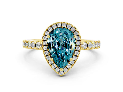 Yellow gold Pear Cut Halo Diamond Pave Band with Prong Setting